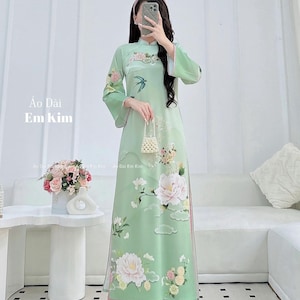 Robe verte en soie Ao Dai | Robe longue vietnamienne fleurie