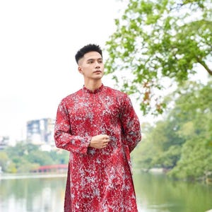 Red Ao Dai Men|printed  ao dai for men tapta(No pants included) Lunar New Year | Vietnamese traditional   ADN24