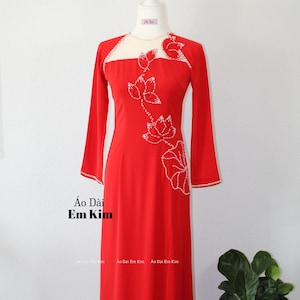 Lụa Mỹ red Floral Printed Ao Dai Set NO PANTS/ Pre made Vietnamese long dress| Ao dai for bridesmaids K21