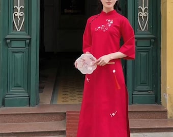 Red Silk Ao Dai Dress | Flower Embroidery Vietnamese Modern Style