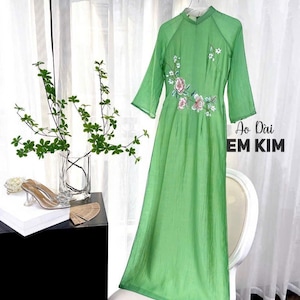Green Embroidery Ao Dai for women Pre made Vietnamese long dress| Ao dai for bridesmaids  P18