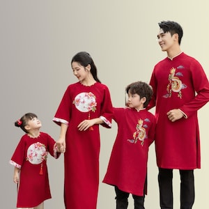 Red Small Dragon Family Matching Ao Dai, Pre-made Modernized Vietnamese Ao Dai, Ao Dai Lunar New Year/Matching Ao Dai Tet|GD57