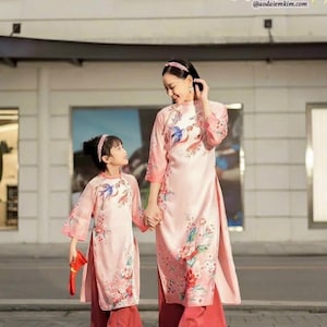 Mommy and Daughter Pink Print Flower \ | Women Vietnamese Long Dress| Lunar New Year |Traditional Ao Dai with pants MB06