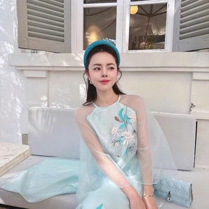 Mint Ao Dai tơ đinh hoa|Red flowers New Year| Pre-made Vietnamese Dress for Lunar New Year Ao Dai Viet Nam|Ao Dai Cach Tan with Pants T16
