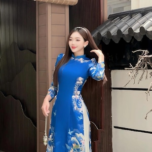 Blue silk print Áo Dài tơ | Set Pre-made Modernized Vietnamese Ao Dai| Women Ao Dai| Lunar New Year|  Viet Ao Dai Cach Tan with Pants N02