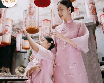 3D design Blush Pink Mommy and me matching ao dai with pants | Ao Dai Me va Be modern silk organza|Ao dai Viet Nam | Lunar New Year| MB47