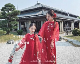 Ao dai Red embroidery Mommy and me matching| Ao Dai Me va Be modern silk organza| | Lunar New Year| T15