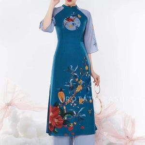 Lụa Mỹ Blue floral Cach Tan Ao Dai Set Ao Dai Viet Nam | Women Vietnamese Long Dress| Lunar New Year |Traditional Ao Dai with pants G35