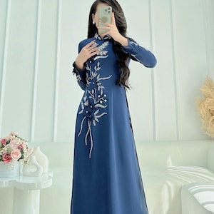 Blue dark Ao Dai| Pre-made Vietnamese Dress for Lunar New Year Ao Dai Viet Nam|Ao Dai Cach Tan with Pants Q01