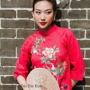 Shifted Embroidered Red Ao Dai Set,| Ao Dai Viet Nam | Women Vietnamese Long Dress| Lunar New Year |Traditional Ao Dai with pantsD07a
