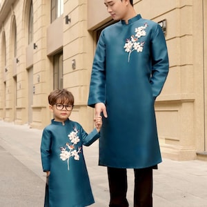 AO Dai dad and boy Green Ribbon  NO PANTS| T03|  Ao Dai for women| Lunar New Year|  modern vietnamese dresses| Tet |