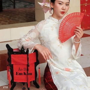 Ao Dai Women | White, Gold, and Dark Red Ao Dai Set  with pants | Lunar New Year| Vietnamese Tet | ao dai long dress | V18