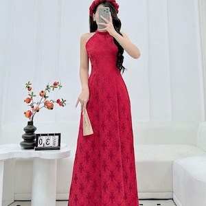 Red Sleeveles Ao Dai gấm , Pre-made Modernized Vietnamese Ao Dai, Ao Dai Lunar New Year/Matching Ao Dai Tet|GD59