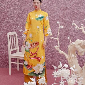 Yellow New Year Ao Dai set with pants| Pre-made Vietnamese Dress| Lunar New Year|  Ao Dai Viet Nam|Ao Dai Cach Tan with Pants Q25