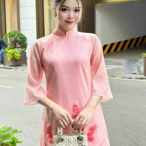 Pink flowers silk ao Dai | Ao Dai Viet Nam | Women Vietnamese Long Dress| Lunar New Year |Traditional Ao Dai with pants K05