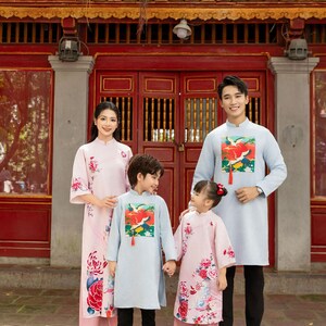 Blue Pink  Family Matching Ao Dai, Pre-made Modernized Vietnamese Ao Dai, Ao Dai Lunar New Year/Matching Ao Dai Tet|GD53