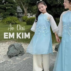 Blue Mommy and daughter Matching Ao Dai Set đính kết| Pre-made Modern Ao Dai Vietnam| Ao Dai women| Ao dai for girls| Lunar New Year| Kids