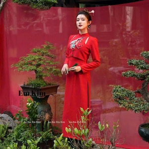 Sleeves Ao Dai YemCach Tan|Red flowers New Year| Pre-made Vietnamese Dress for Lunar New Year Ao Dai Viet Nam|Ao Dai Cach Tan with Pants T09
