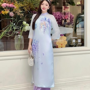 Áo Dài tơ  Double Layers Purple silk| Pre-made Modernized Vietnamese Ao Dai| Women Ao Dai| Lunar New Year| Ao Dai Cach Tan with Pants N07