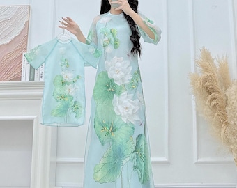 Xanh Sen  Mommy and me matching ao dai set for women and girl| Ao Dai Me va Be modern silk organza| | Lunar New Year| MB57