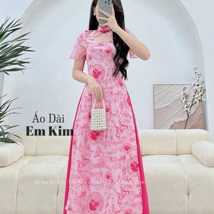 Lep Yem Ao Dai Cach Tan|Red flowers New Year| Pre-made Vietnamese Dress for Lunar New Year Ao Dai Viet Nam|Ao Dai Cach Tan with Pants T06
