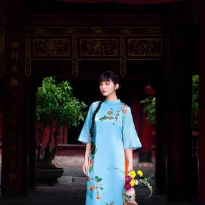 Blue silk ao dai Set| Pre-made Modernized Vietnamese Ao Dai| Women Ao Dai| Lunar New Year| Viet Ao Dai Cach Tan with Pants|beautiful set M14