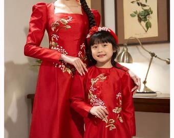 Mommy and Daughter Red Embroidered Flower Ao Dai/Pre-made Modernized Vietnamese Ao Dai| Ao Dai for Lunar New Year/Matching Ao Dai Tet |MB20