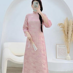 Pink/Blue Ao Dai  Modern design print silk | no pant| Pre made Vietnamese long dress| Ao dai for bridesmaids