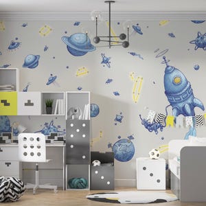 Carta da parati spaziale I Carta da parati in fibra di vetro con galassia blu I Carta da parati spaziale blu per bambini I Rivestimenti murali per camerette I Carta da parati murale con razzo spaziale