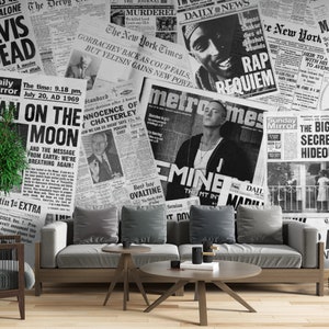 Vintage Newspaper Wallpaper | Fiberglass Black & White Wall Mural | Retro Headlines Collage | Custom Size Covering | Office Media Room Decor