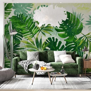 Carta da parati con foglie verdi, carta da parati con foglie in fibra di vetro, murale con mostro verde, rivestimenti murali verdi, carta da parati rimovibile con foglie tropicali