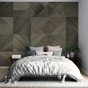 Carta da parati con pannelli in legno grigio-marrone I Pannelli in legno effetto 3D I Carta da parati con texture geometrica in legno I Murale in fibra di vetro I Murale in legno marrone