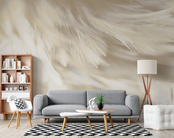 Veren behang, kunst aan de muur muurschildering, veren behang, zelfklevende muurschildering, verwisselbare achtergrond, aangepaste behang, beige behang