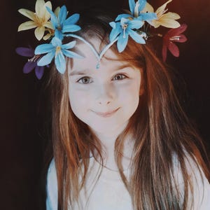 Floral Fairy Tiara: Spring Fae Crown, Blue & Yellow Flowers