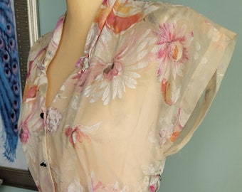 Vintage 1940s Sheer Dress Floral Begonias Daisies / Wedding /Romantic / Medium
