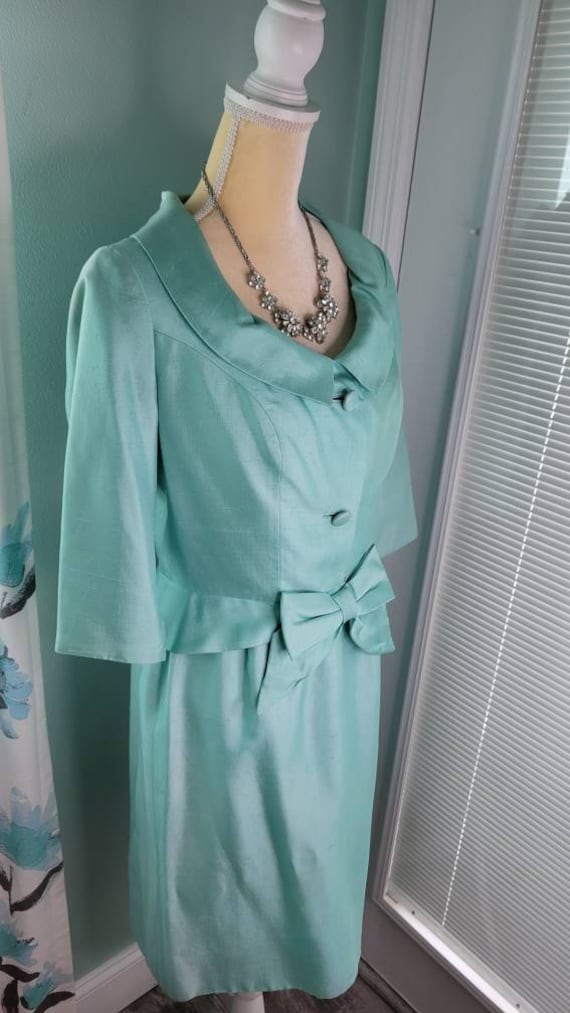 1950s Seafoam Green Silk Dress Jacket Ensemble Jean o… Gem
