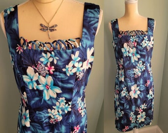 Vintage 1960s Blue Pink Floral Plumeria Hawaiian Dress by South Seas Fashions Shift Dress - Medium - New Old Stock