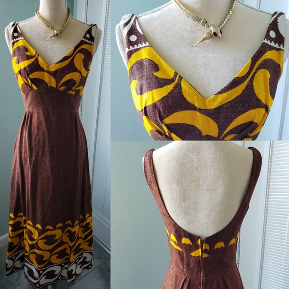 1960s Malihini Vintage Hawaiian Barkcloth Maxi Dress Brown Gold White VLV Tiki Oasis XS Etsy