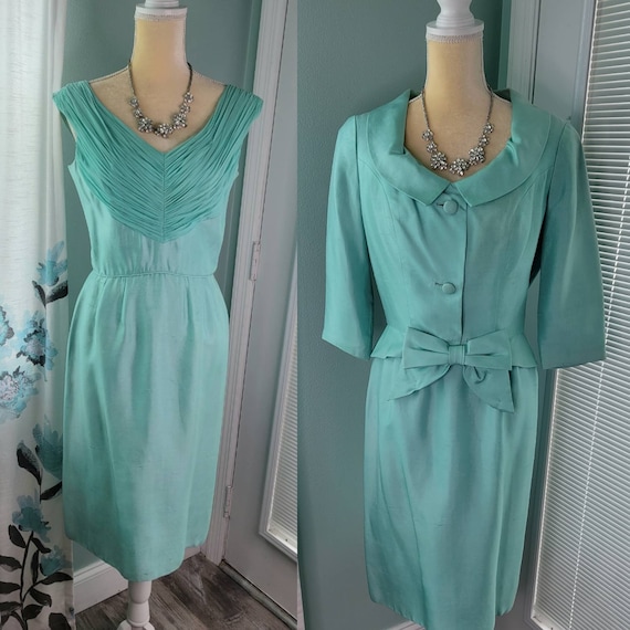 1950s Seafoam Green Silk Dress Jacket Ensemble Jean o… Gem