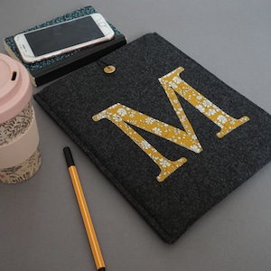 Monogram Tablet Case, Dark Grey Protective Tablet Sleeve, Felt iPad Case, Samsung Galaxy Sleeve, iPad Air Bag, Grey Felt Protective Case