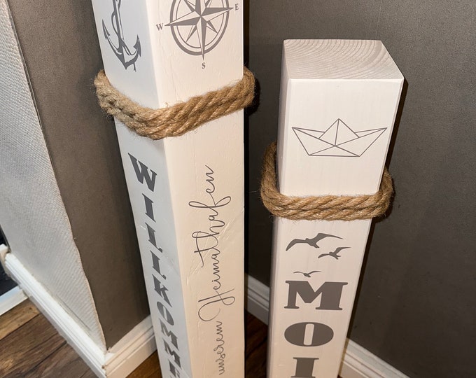 Featured listing image: Nautical Wooden Bollards Set of 2 – Maritime Coastal Home Decor | Handmade Wooden Posts with Anchor & Moin | Beach House Decoration