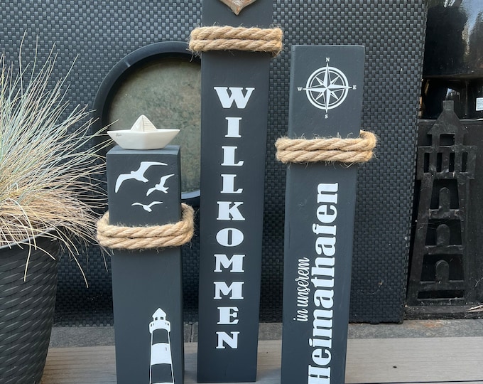 Featured listing image: Set of 3 decorative columns wood anchor bollard ahoy garden Manapal maritime decoration sea beam stele column Manapal ship welcome home port