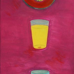 May include: An abstract painting on a magenta background depicts a hand squeezing a lime into a red-rimmed glass, a glass of yellow liquid, and a glass with ice cubes. The painting is a still life.