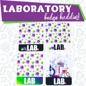 May include: Four colorful badges with the word "LAB" printed on them. Two badges feature a white background with a pattern of purple and green viruses. The other two badges feature a white background with a lab equipment illustration and a white background with a pattern of purple and green viruses.