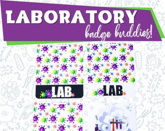 May include: Four colourful badges with the word "LAB" printed on them. Two badges feature a white background with a pattern of purple and green viruses. The other two badges feature a white background with a lab equipment illustration and a white background with a pattern of purple and green viruses.