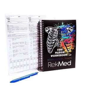 May include: A black and white spiral bound notebook with a colorful skeleton illustration on the cover. The cover text reads "The Nurse Workbook 2.0 plan. color. learn. RekMed".