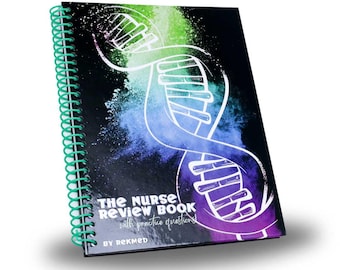 Könnte beinhalten: Ein schwarzes Spiralblock mit einem farbenfrohen abstrakten Design, das eine DNA-Doppelhelix zeigt. Der Text auf dem Cover lautet "The Nurse Review Book with practice questions" und "By Rekmed".