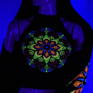 Hand Decorated UV Top &quot;DotMandala&quot; - | Reactive in UV blacklight | Mandala Psytrance UV Tshirt Fluorescent Psychedelic Party Ultraviolet