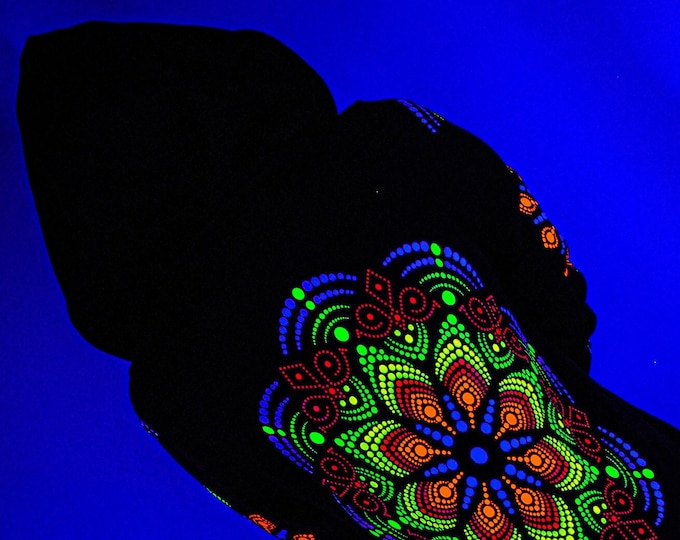 Hand Decorated Women's Long Hoodie "Dot Mandala" | Reactive in UV blacklight |