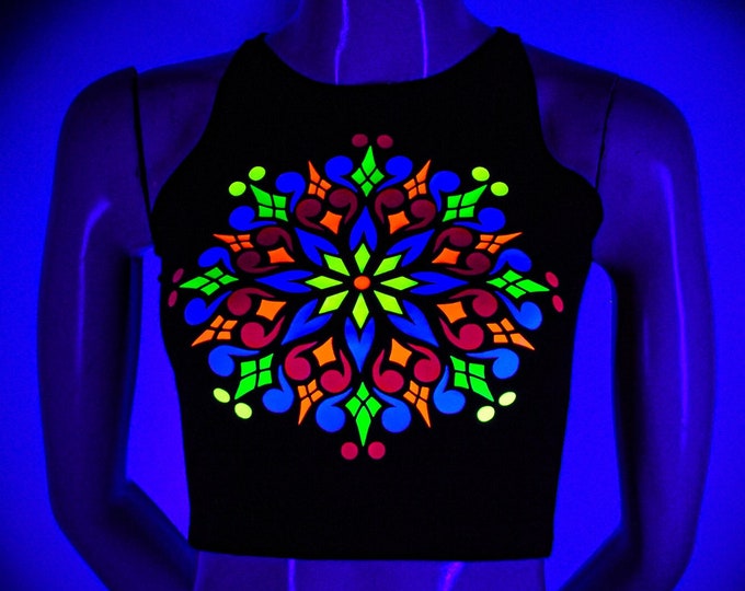Hand Decorated UV Crop Top - "PsyMandal" | Reactive in UV blacklight |